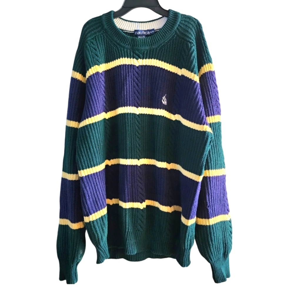 Vintage Nautica Sweater Mens XL 90s Striped Multicolored Crew Neck Chunky